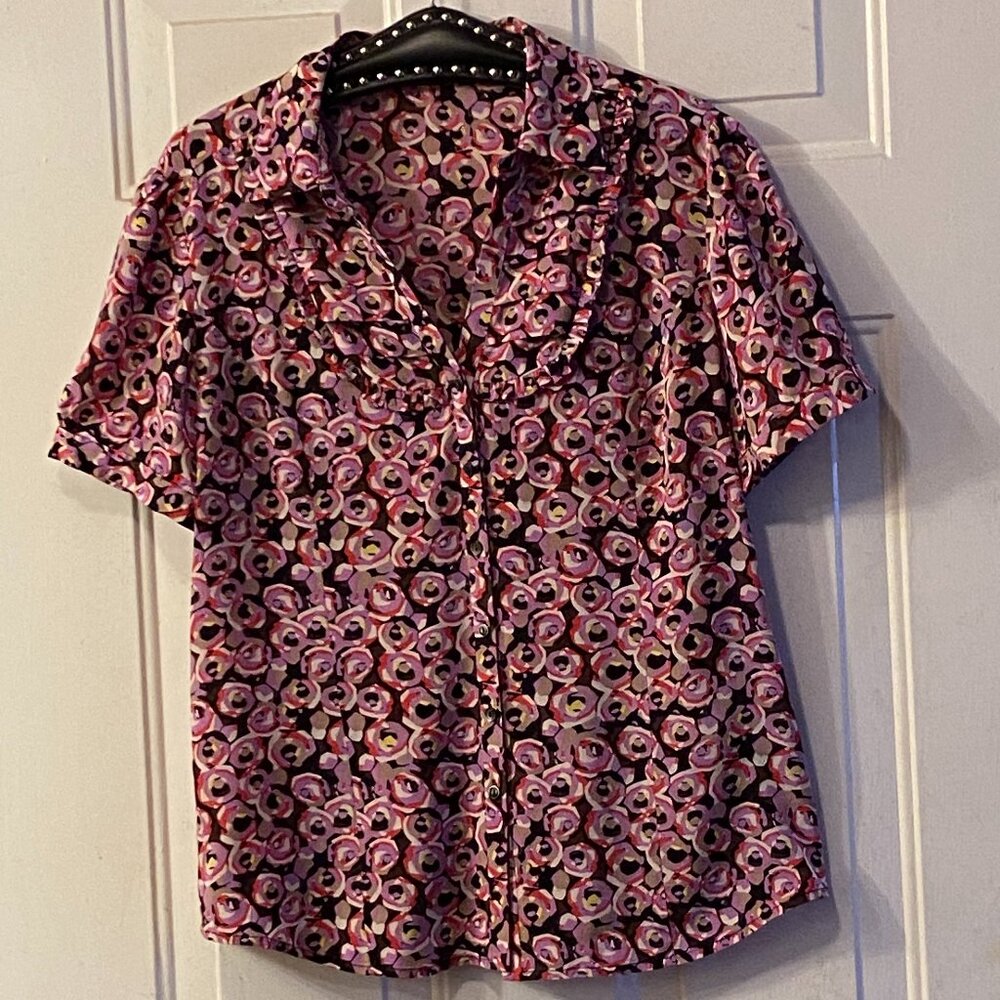 Semantiks Sz L Silk Blouse Button Up Short Sleeve Multicolor Floral